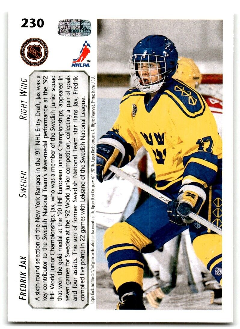 1992-93 Upper Deck Fredrik Jax Rookie Sweden #230