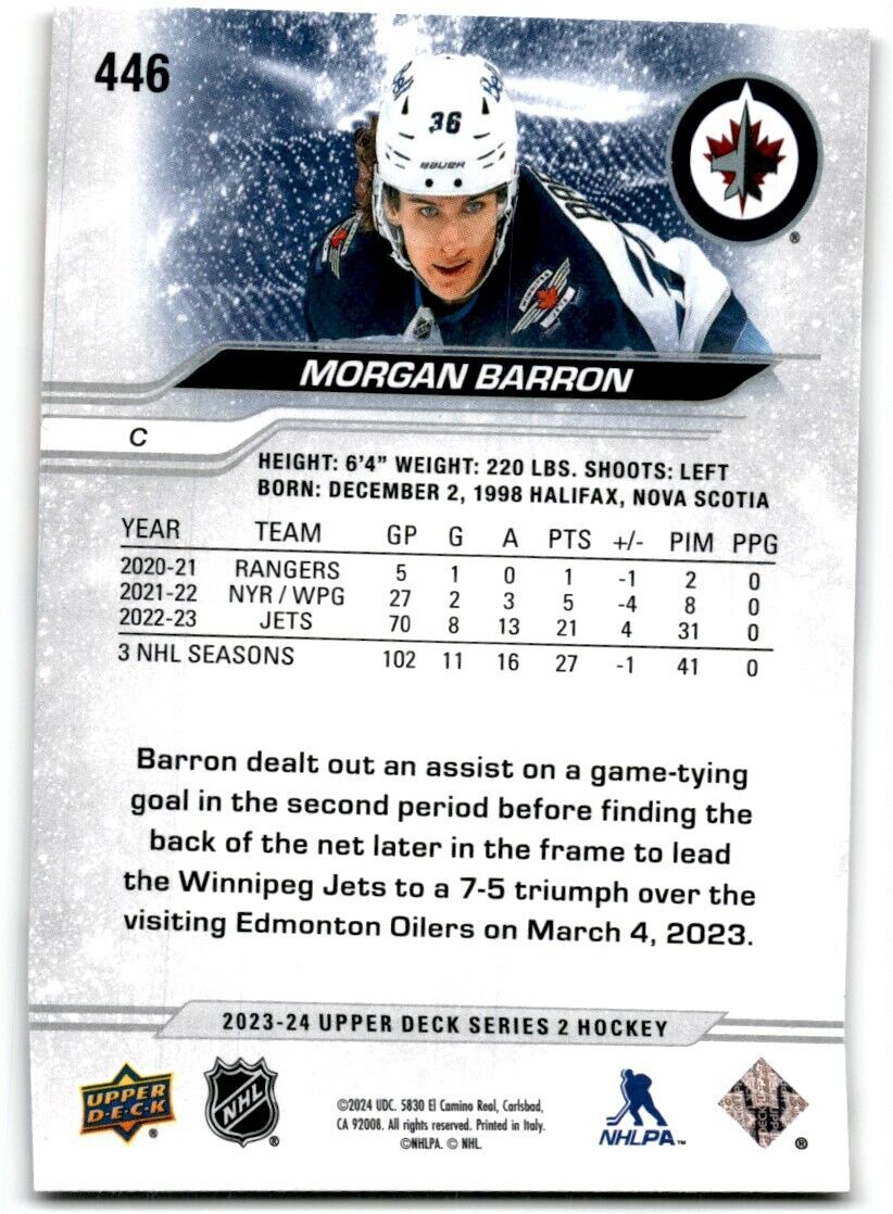 2023-24 Upper Deck Morgan Barron Winnipeg Jets #446