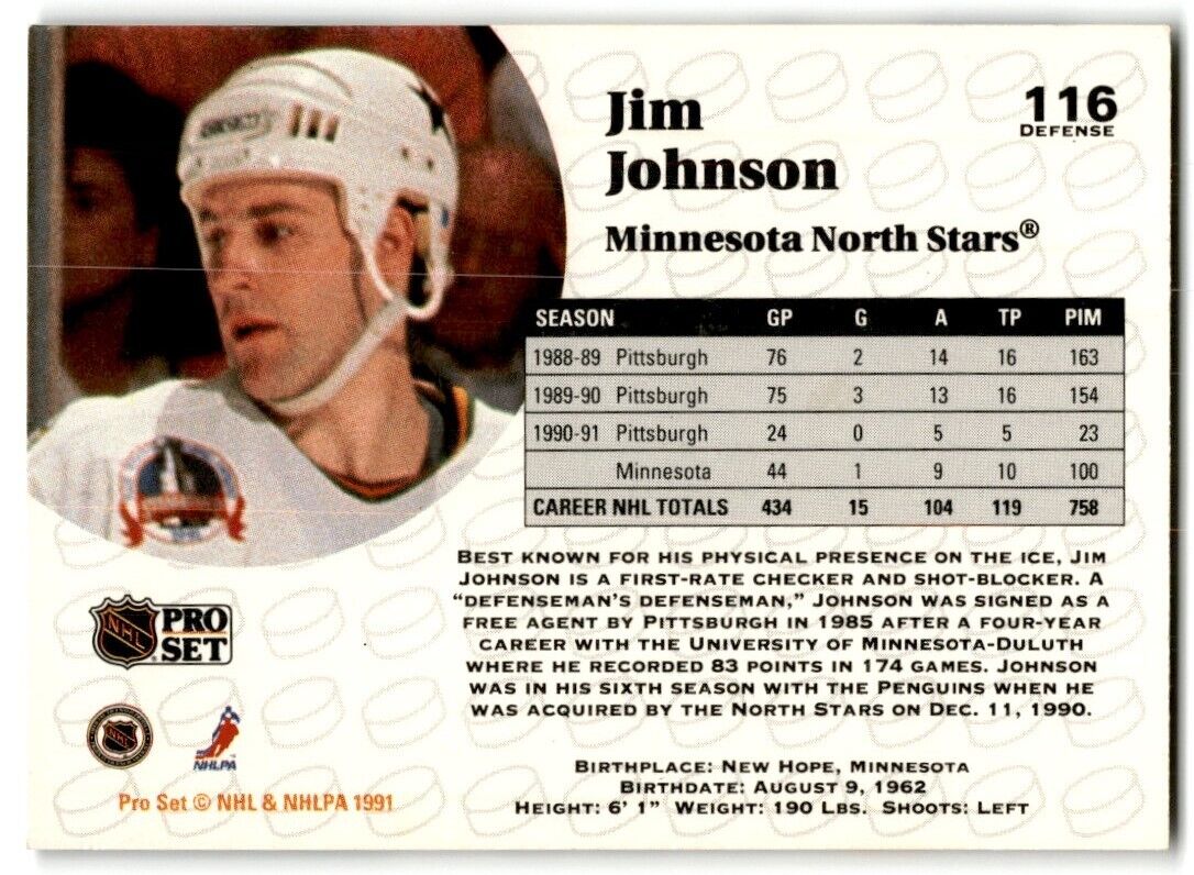 1991-92 Pro Set Jim Johnson Minnesota North Stars #116