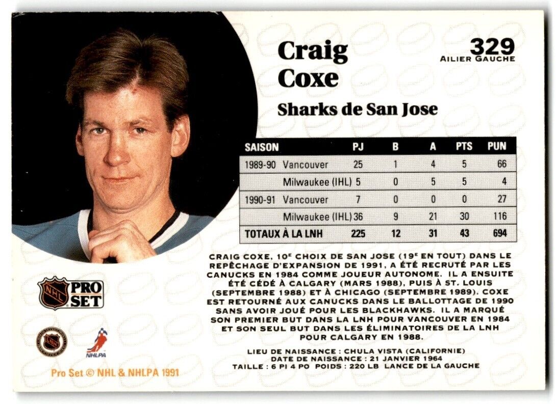 1991-92 Pro Set French Craig Coxe San Jose Sharks #329