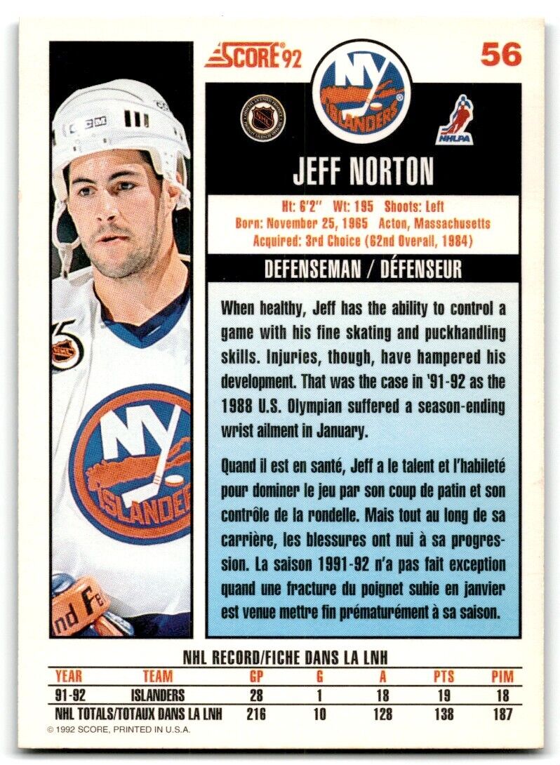 1992-93 Score Jeff Norton New York Islanders #56