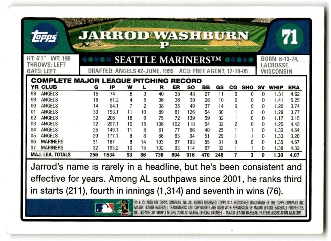 2008 Topps Jarrod Washburn Seattle Mariners #71