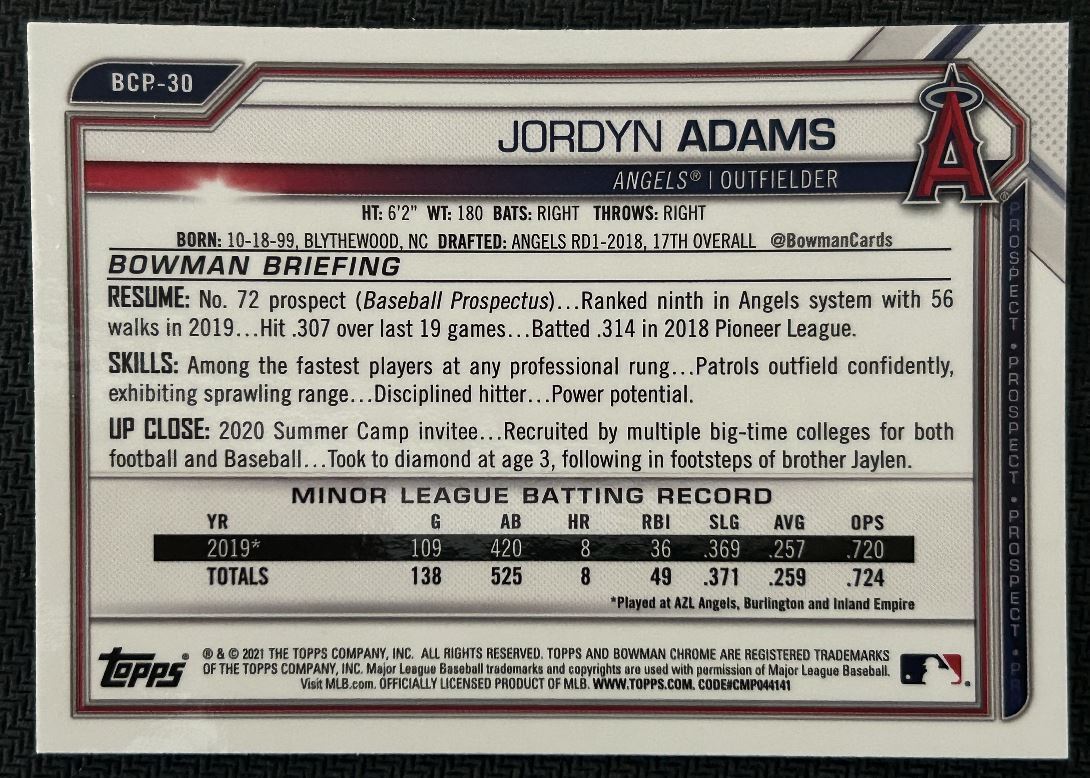 2021 Bowman Chrome Prospects Jordyn Adams Los Angeles Angels #BCP-30