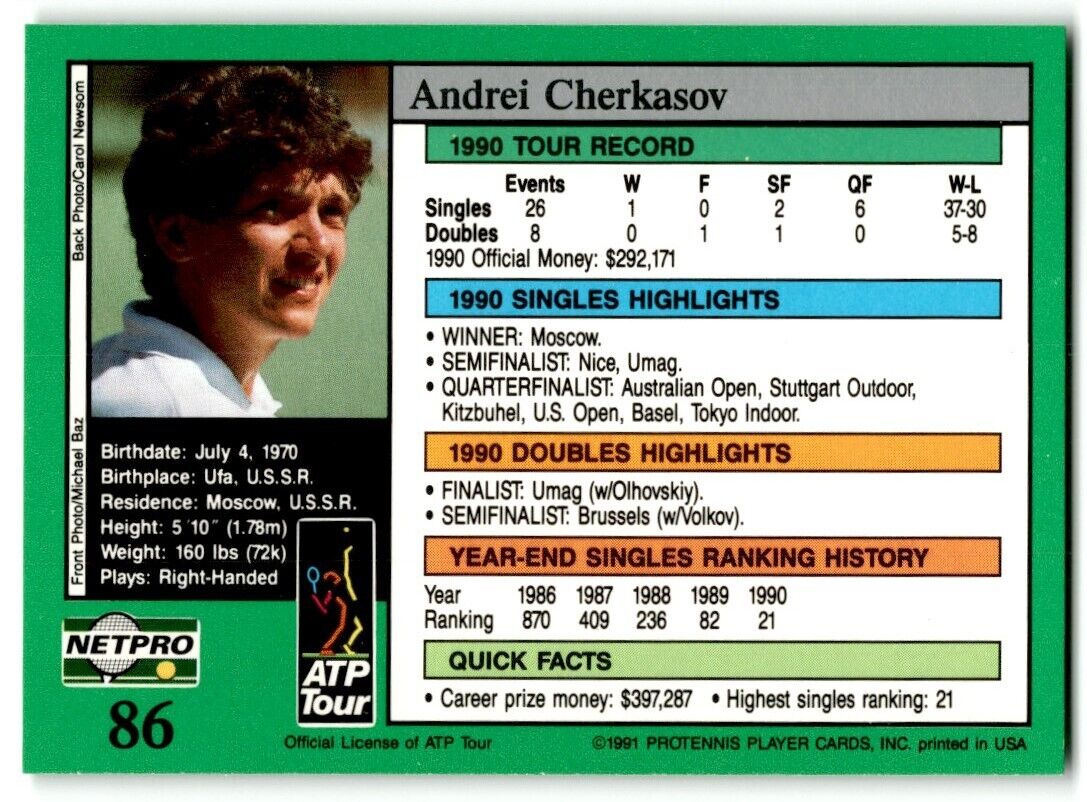 1991 Protennis player Cards Netpro Tour Star Andrei Cherkasov #86