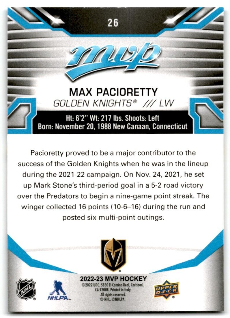 2022-23 Upper Deck MVP Max Pacioretty Vegas Golden Knights #26