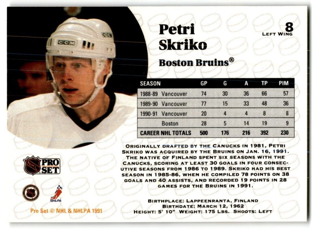 1991-92 Pro Set Petri Skriko Boston Bruins #8