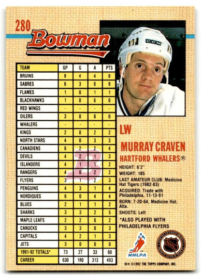 1992-93 Bowman Murray Craven Hartford Whalers #280