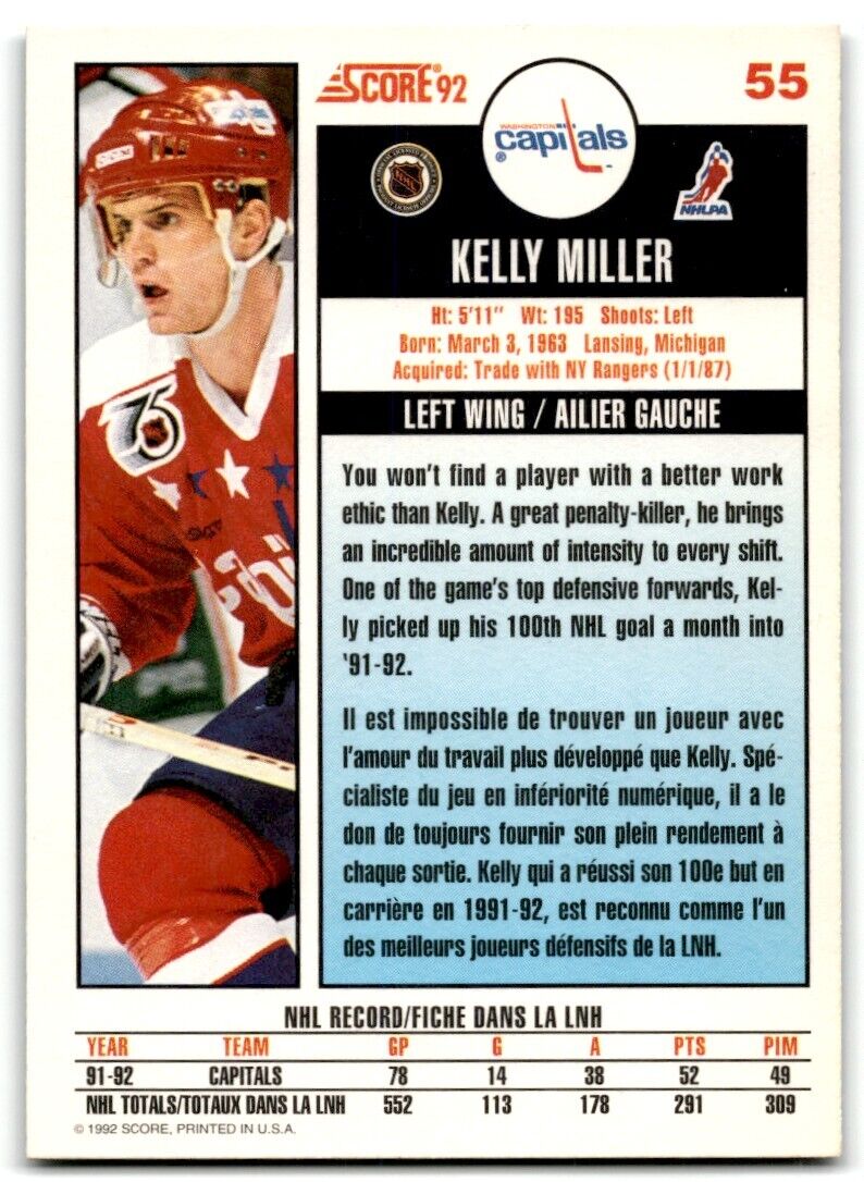 1992-93 Score Kelly Miller Washington Capitals #55