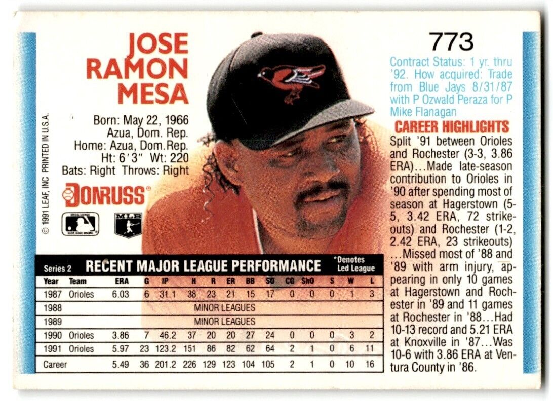 1992 Donruss Jose Mesa Baltimore Orioles #773