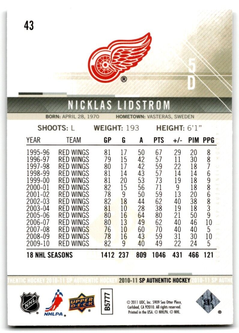 2010-11 SP Authentic Nicklas Lidstrom Detroit Red Wings #43