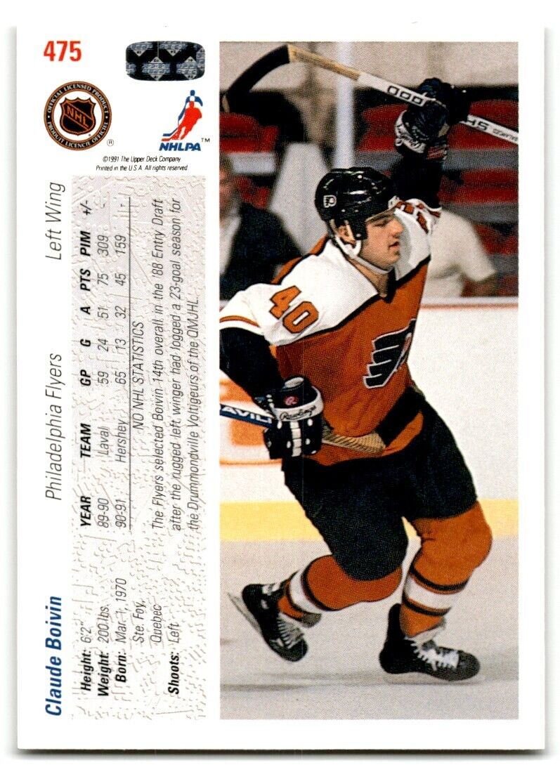 1991-92 Upper Deck Claude Boivin Rookie Philadelphia Flyers #475