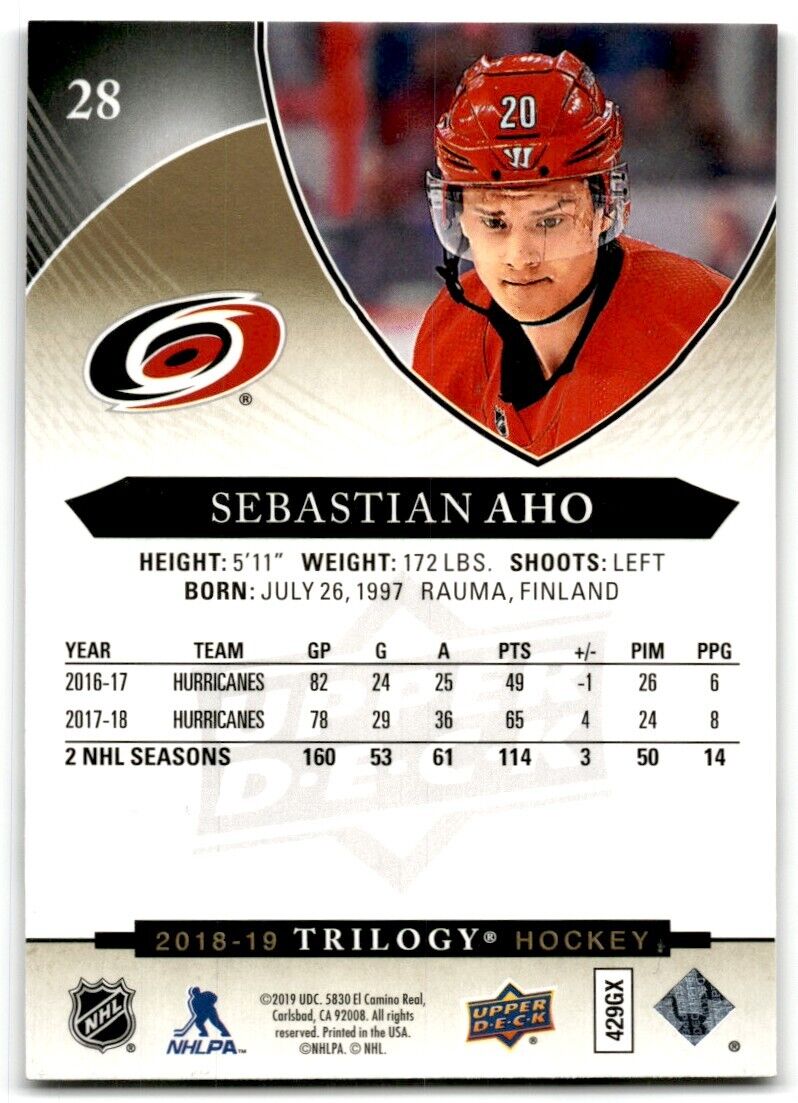 2018-19 Upper Deck Trilogy Sebastian Aho Carolina Hurricanes #28