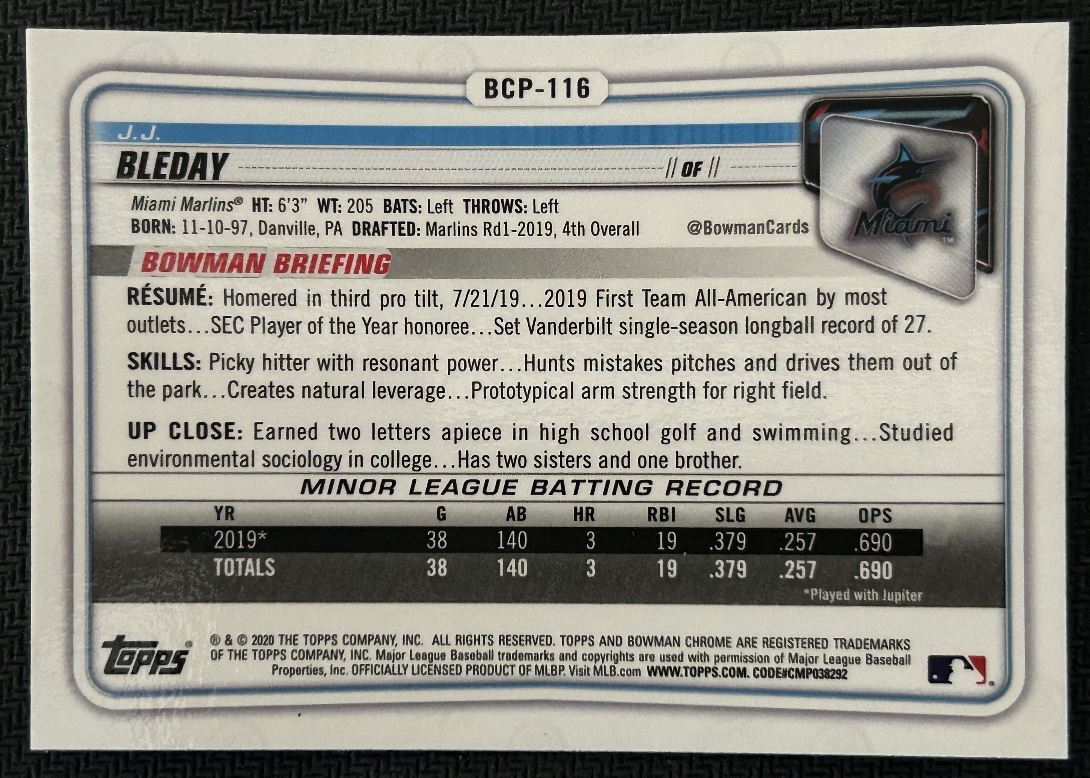 2020 Bowman Chrome Prospects J.J. Bleday Miami Marlins #BCP-116