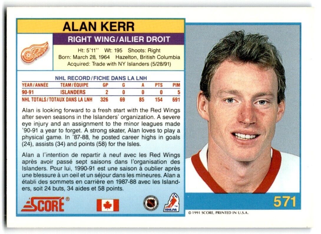 1991-92 Score Canadian Alan Kerr Detroit Red Wings #571