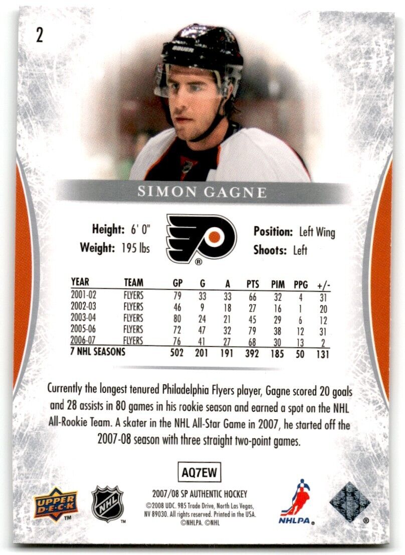 2007-08 SP Authentic Simon Gagne Philadelphia Flyers #2