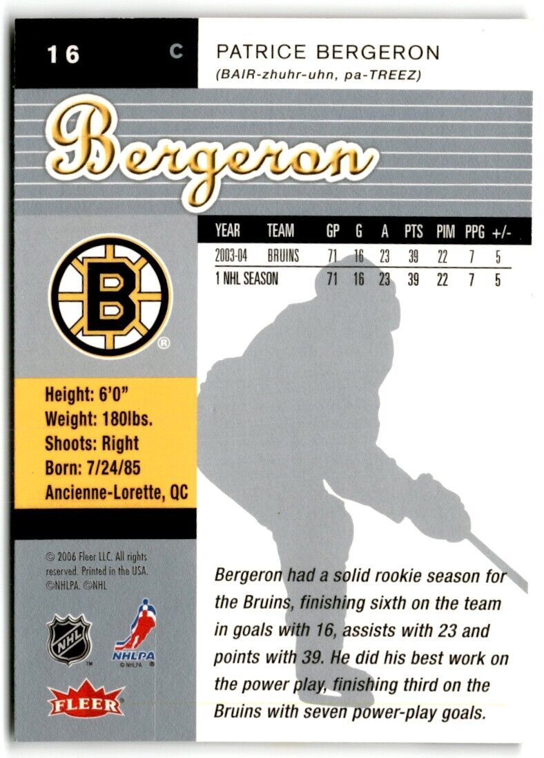 2005-06 Ultra Patrice Bergeron Rookie Boston Bruins #16