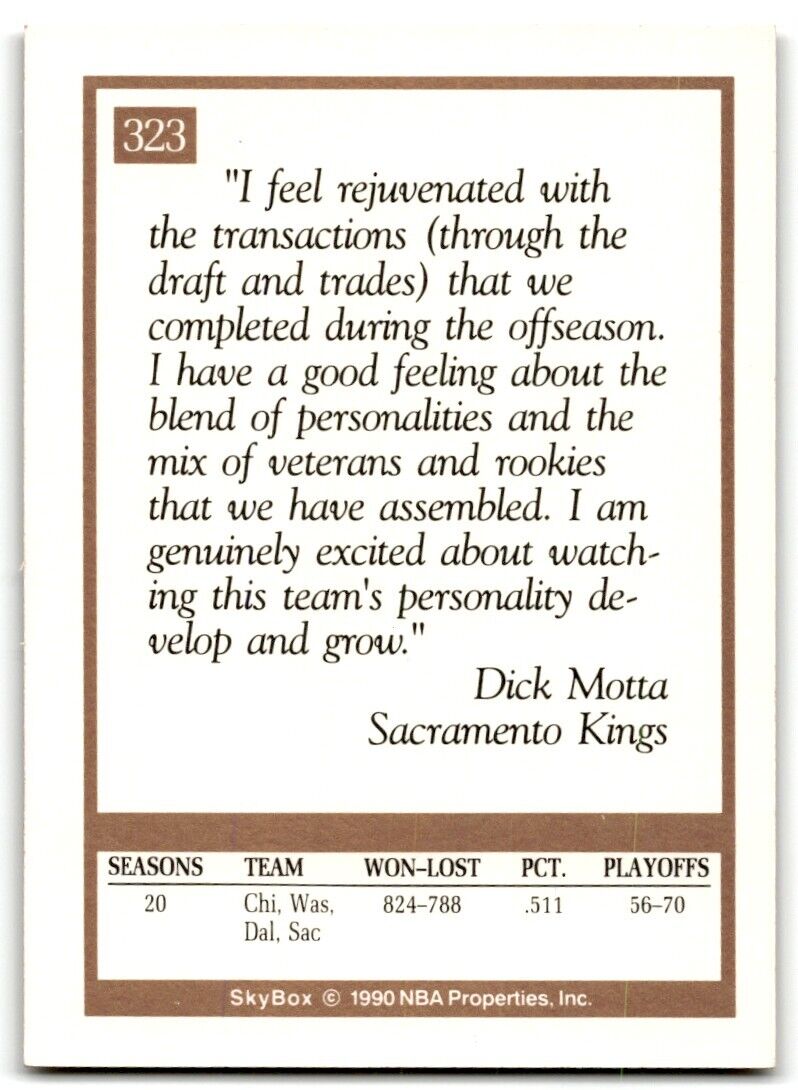 1990-91 SkyBox Dick Motta Sacramento Kings #323