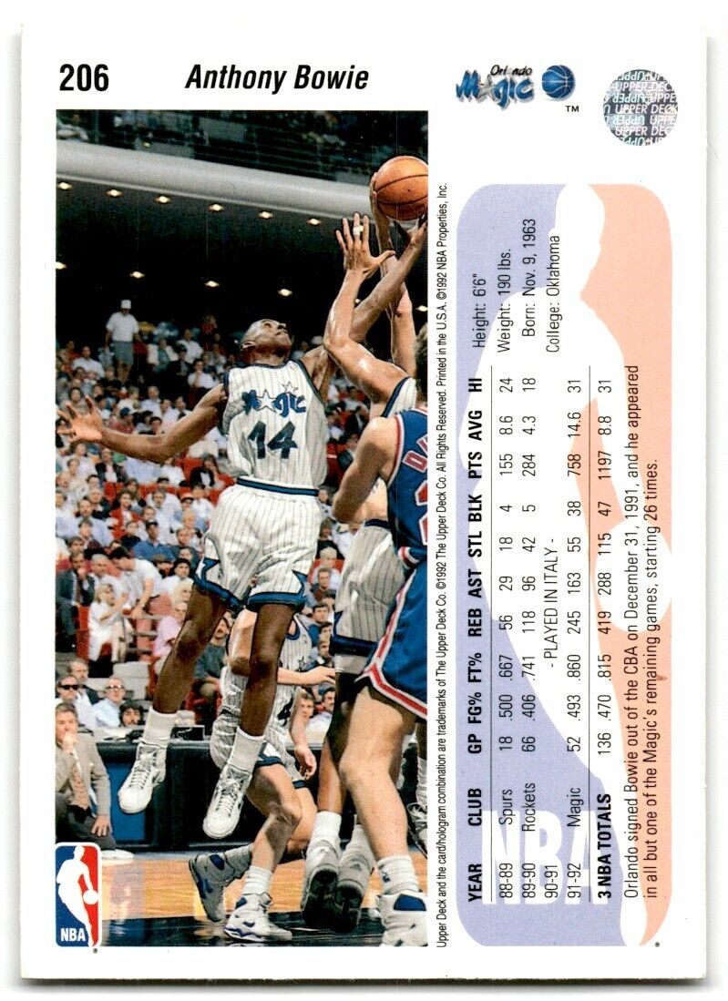 1992-93 Upper Deck Anthony Bowie Orlando Magic #206