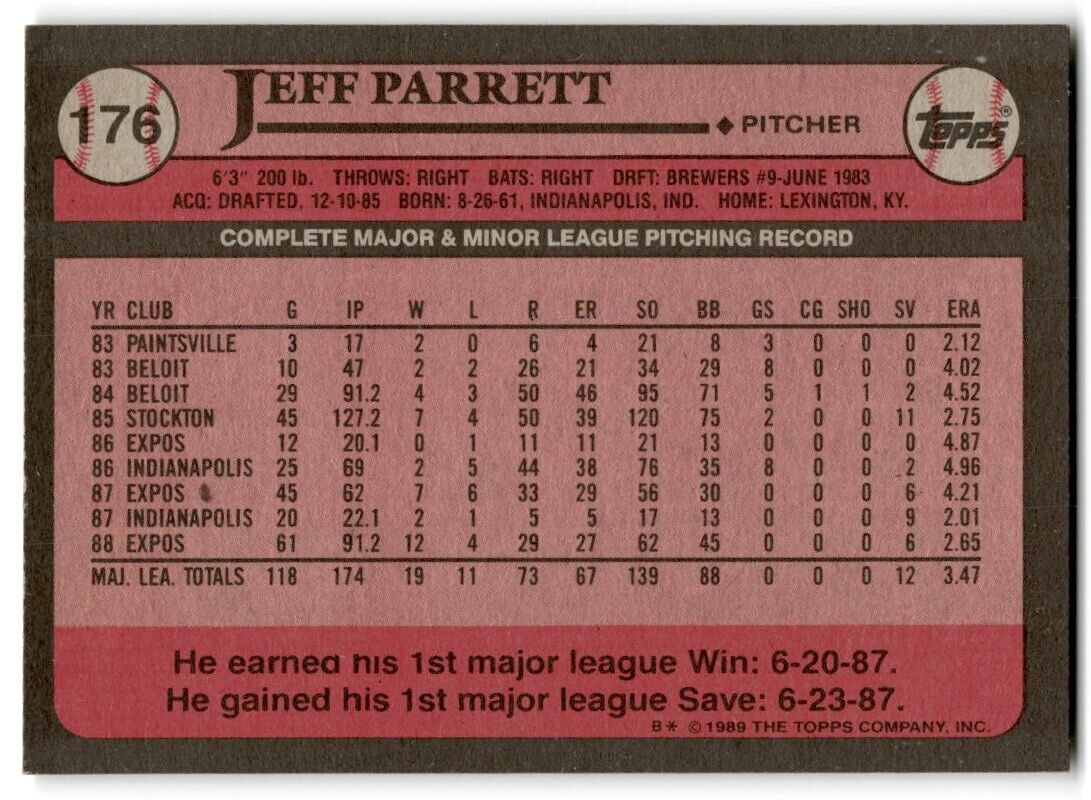 1989 Topps Jeff Parrett Montreal Expos #176