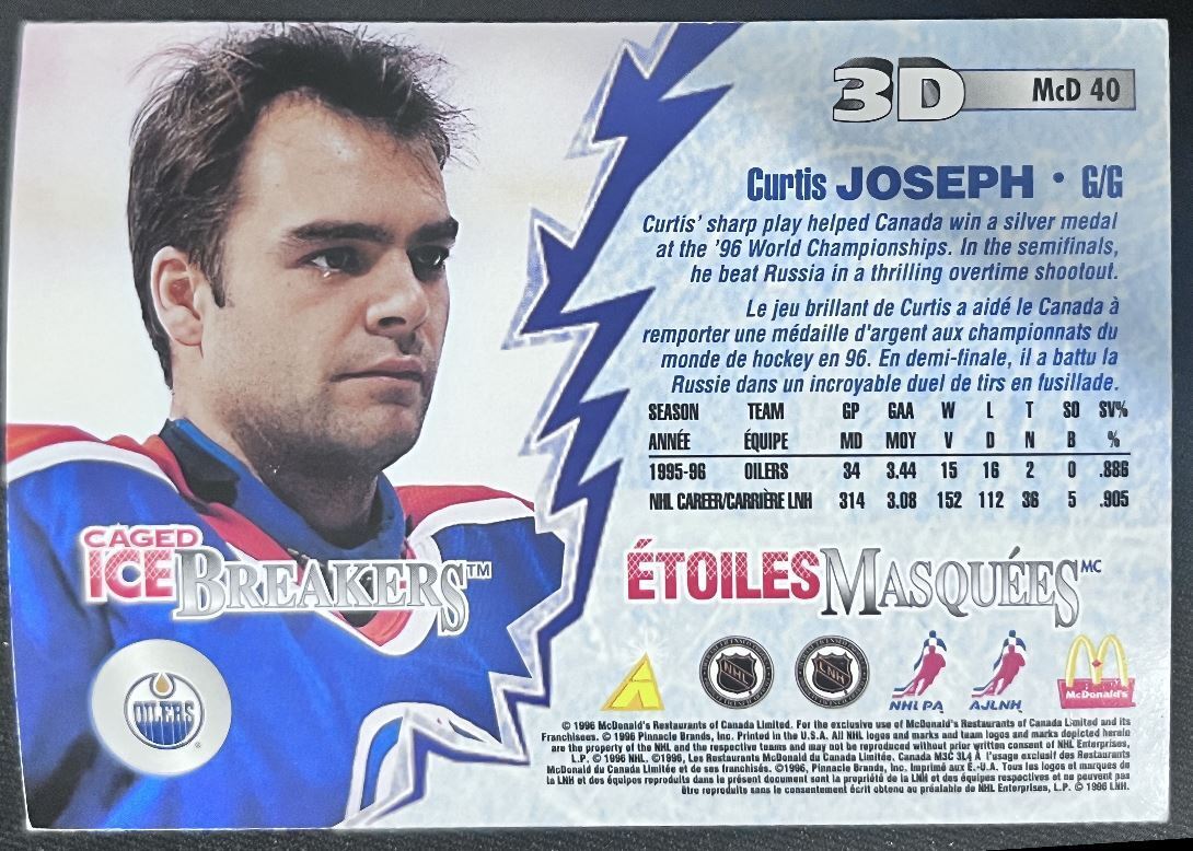 1996-97 Pinnacle McDonald's 3D Ice Breakers Curtis Joseph Edmonton Oilers #MCD40