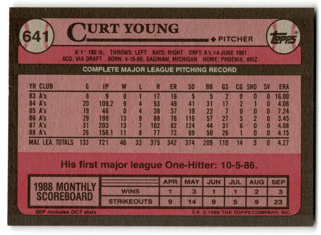 1989 Topps Curt Young Oakland Athletics #641