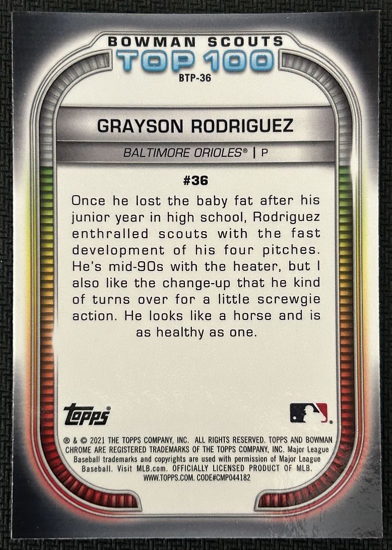 2021 Bowman Scouts Top 100 Grayson Rodriguez Baltimore Orioles #BTP-36