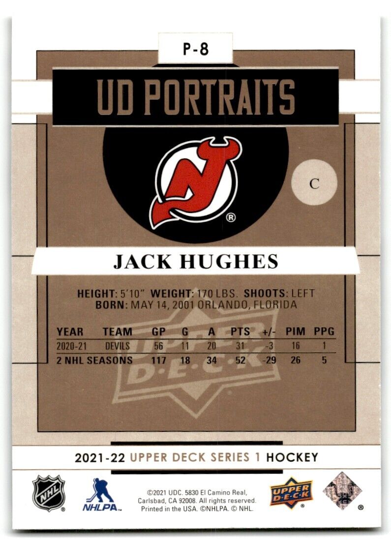 2021-22 Upper Deck UD Portraits Jack Hughes New Jersey Devils #P-8