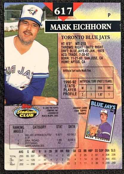 1993 Topps Stadium Club Mark Eichhorn Toronto Blue Jays #617