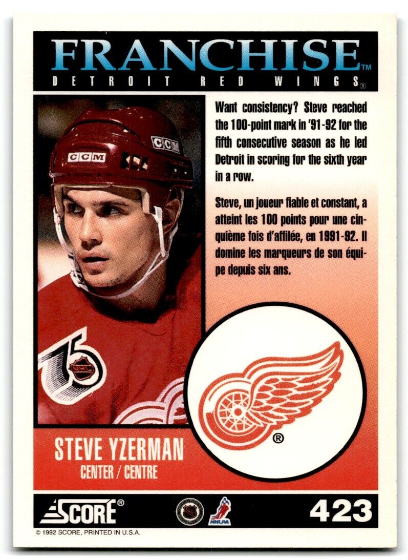 1992-93 Score Steve Yzerman Detroit Red Wings #423