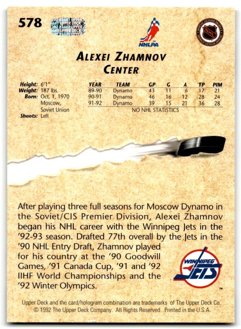 1992-93 Upper Deck Alexei Zhamnov Rookie Winnipeg Jets #578