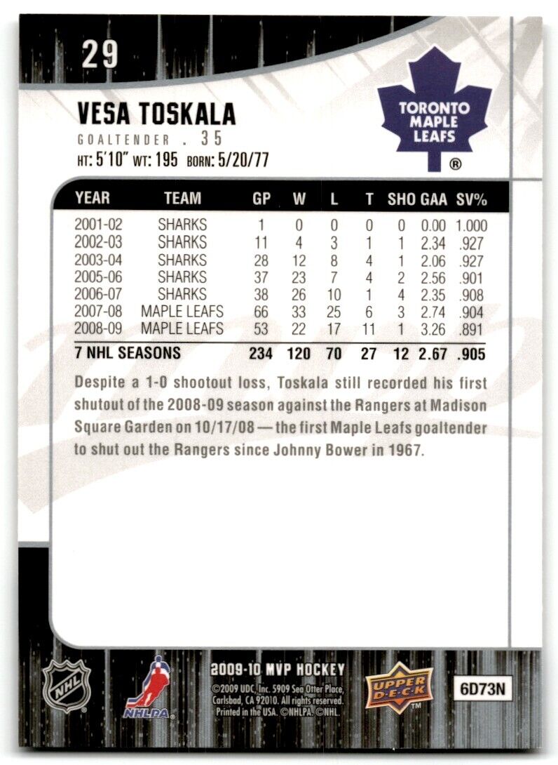 2009-10 Upper Deck MVP Vesa Toskala Toronto Maple Leafs #29