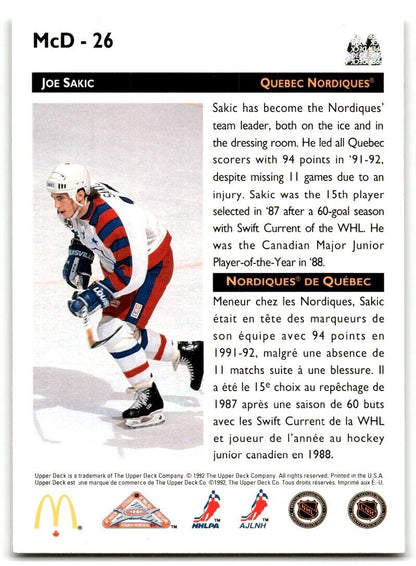 1992-93 Upper Deck McDonald's All-Stars Joe Sakic Quebec Nordiques #MCD-26