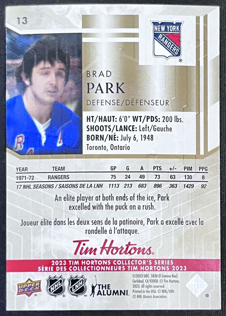 2023-24 Upper Deck Tim Hortons Legends Tim Horton Brad Park New York Rangers #13