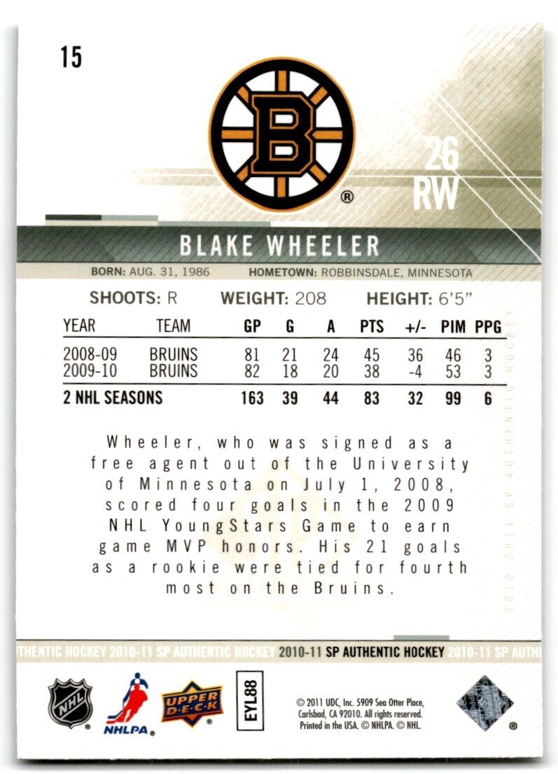 2010-11 SP Authentic Blake Wheeler Boston Bruins #15