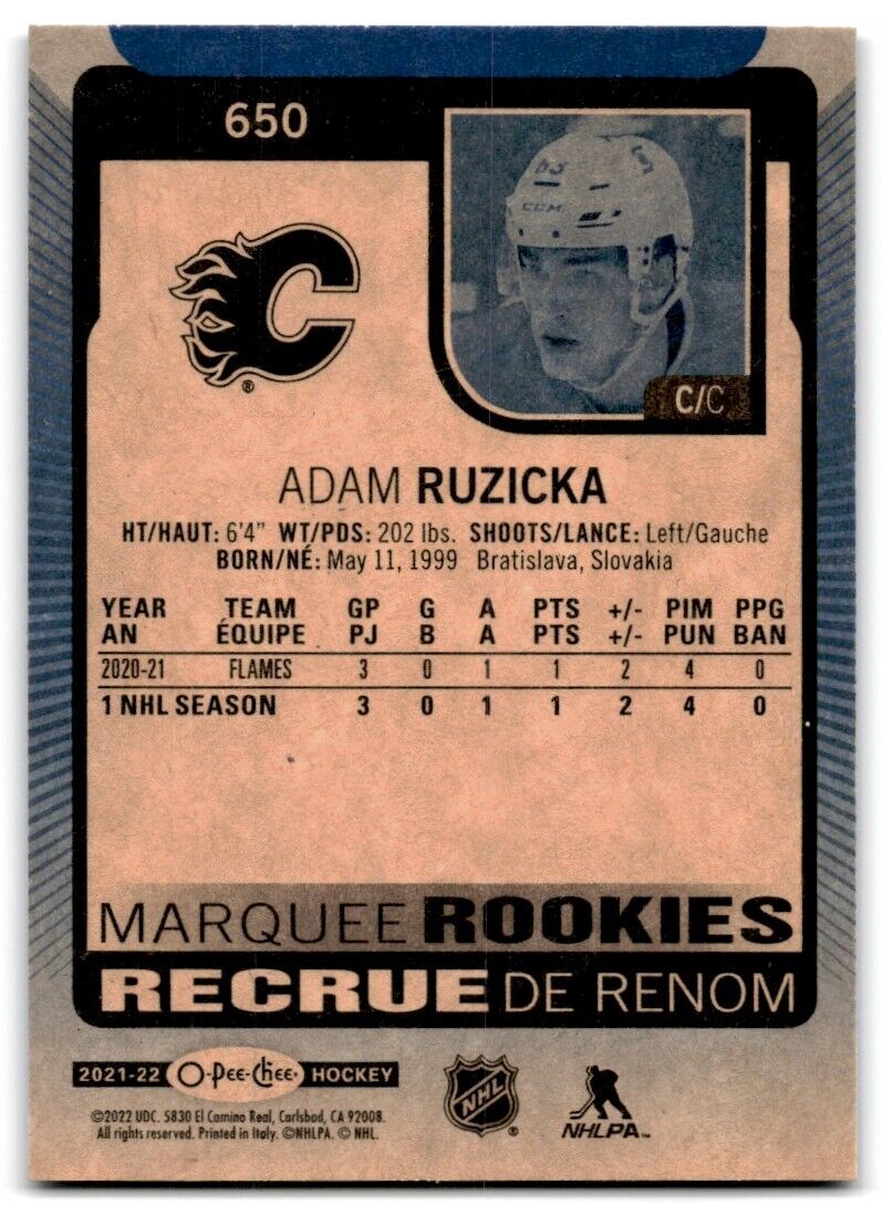 2021-22 Upper Deck 2021-22 O-Pee-Chee Update Adam Ruzicka Rookie Calgary Flames