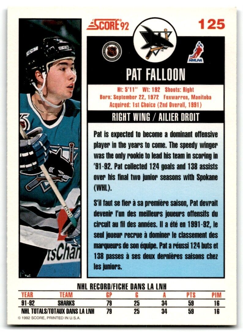 1992-93 Score Pat Falloon San Jose Sharks #125