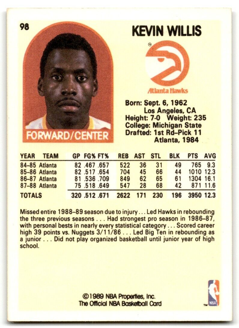 1989-90 Hoops Kevin Willis Atlanta Hawks #98