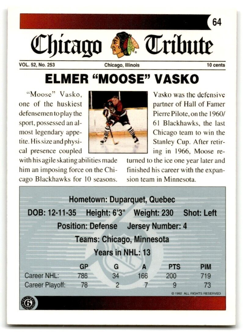 1991-92 Ultimate Original 6 Elmer Vasko Chicago Blackhawks #64