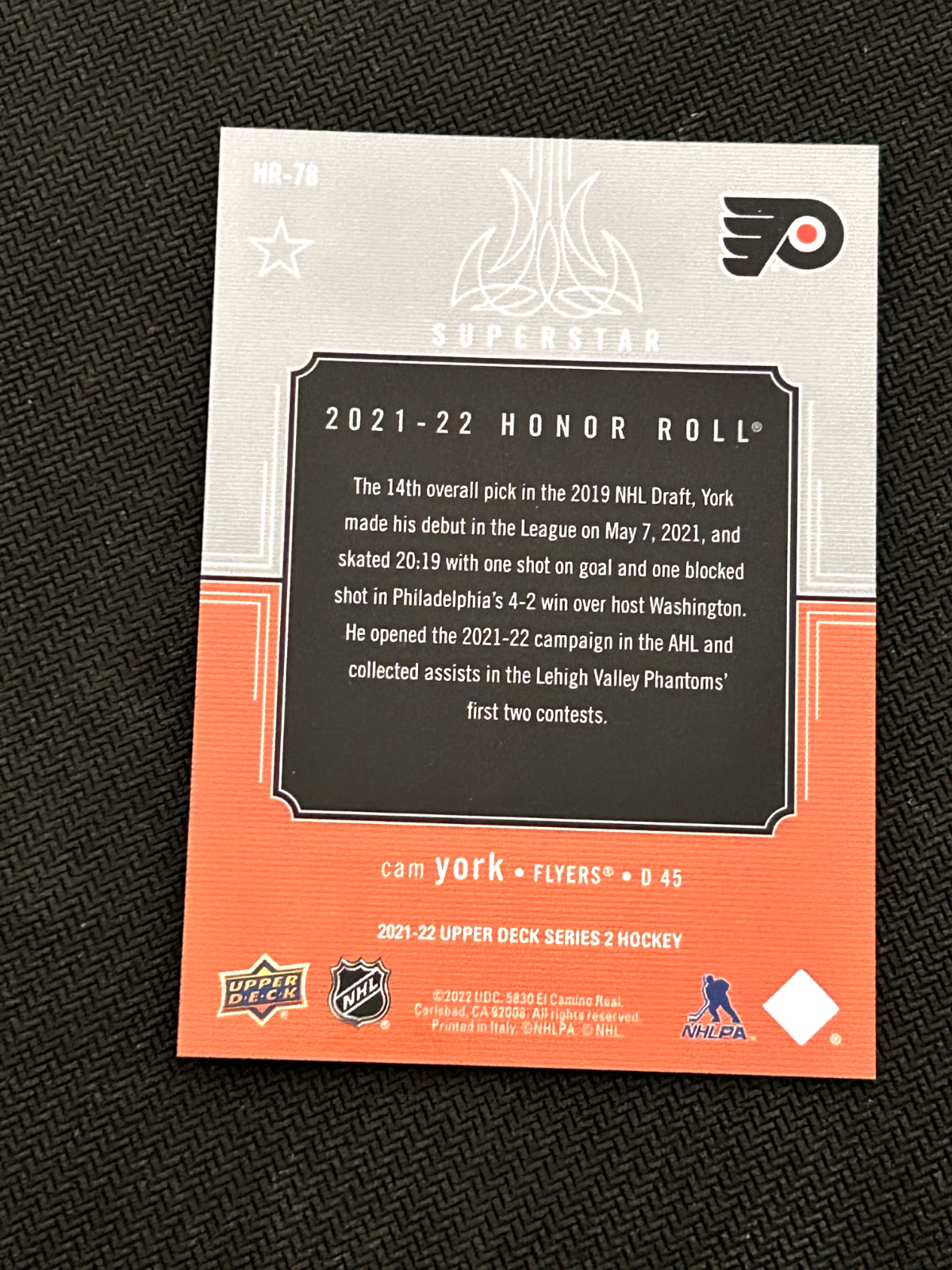 2021-22 Upper Deck Honor Roll #HR78 Cam York Philadelphia Flyers NHL Card