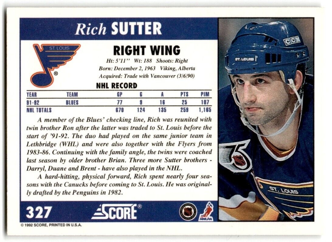 1992-93 Score Rich Sutter St. Louis Blues #327