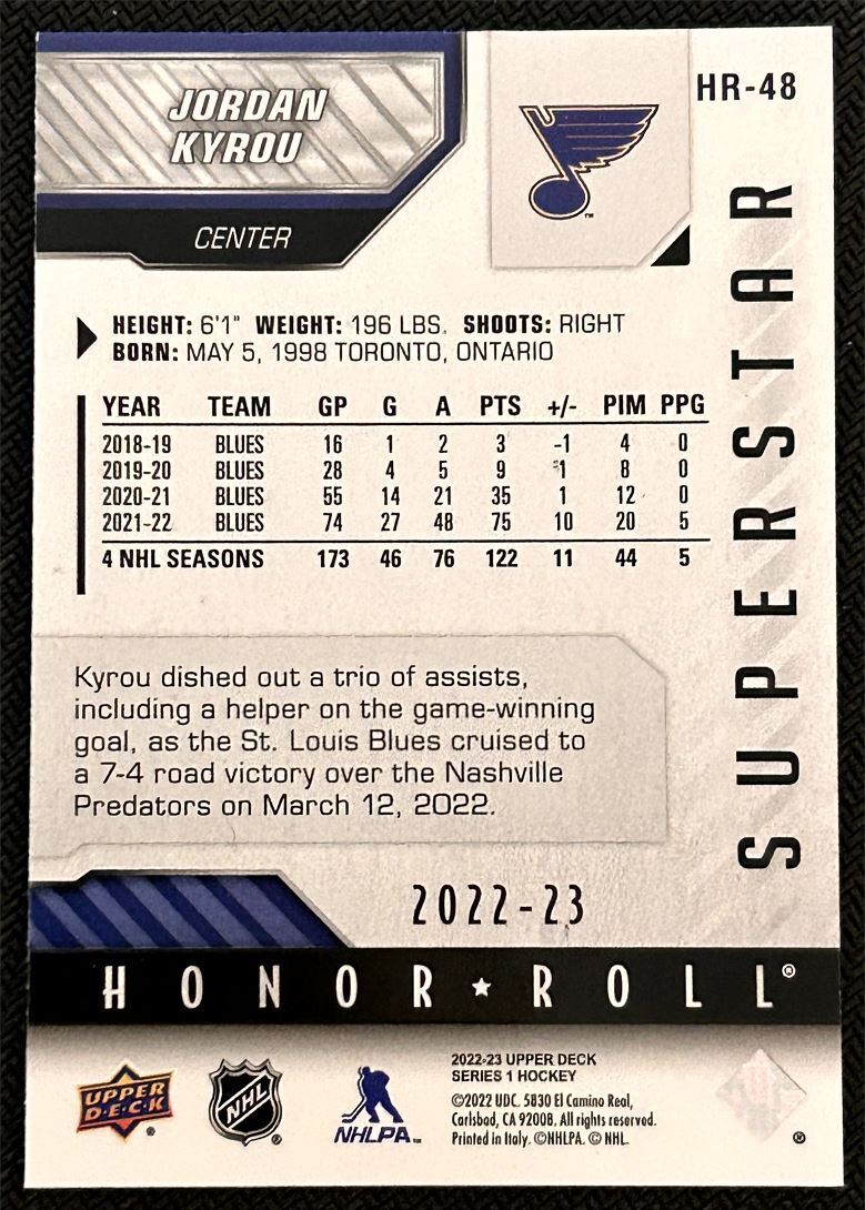 2022-23 Upper Deck Honor Roll Jordan Kyrou St. Louis Blues #HR-48