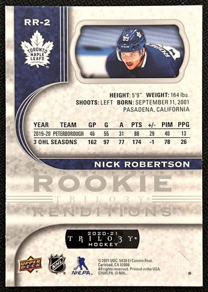 2020-21 Upper Deck Trilogy Rookie Renditions Nick Robertson Rookie Toronto Maple