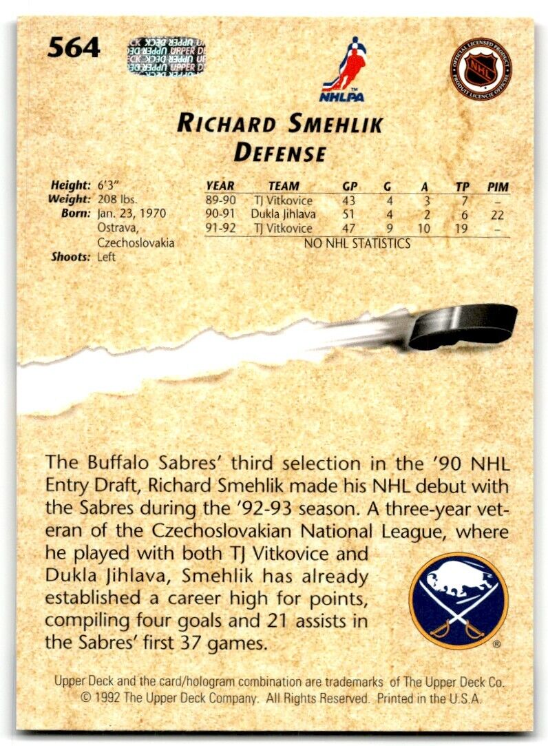 1992-93 Upper Deck Richard Smehlik Rookie Buffalo Sabres #564