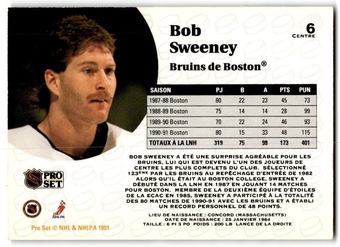 1991-92 Pro Set Bob Sweeney Boston Bruins #6