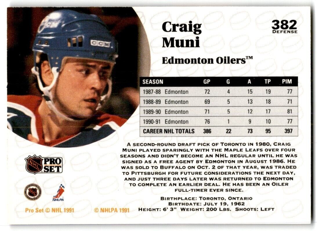 1991-92 Pro Set Craig Muni Edmonton Oilers #382