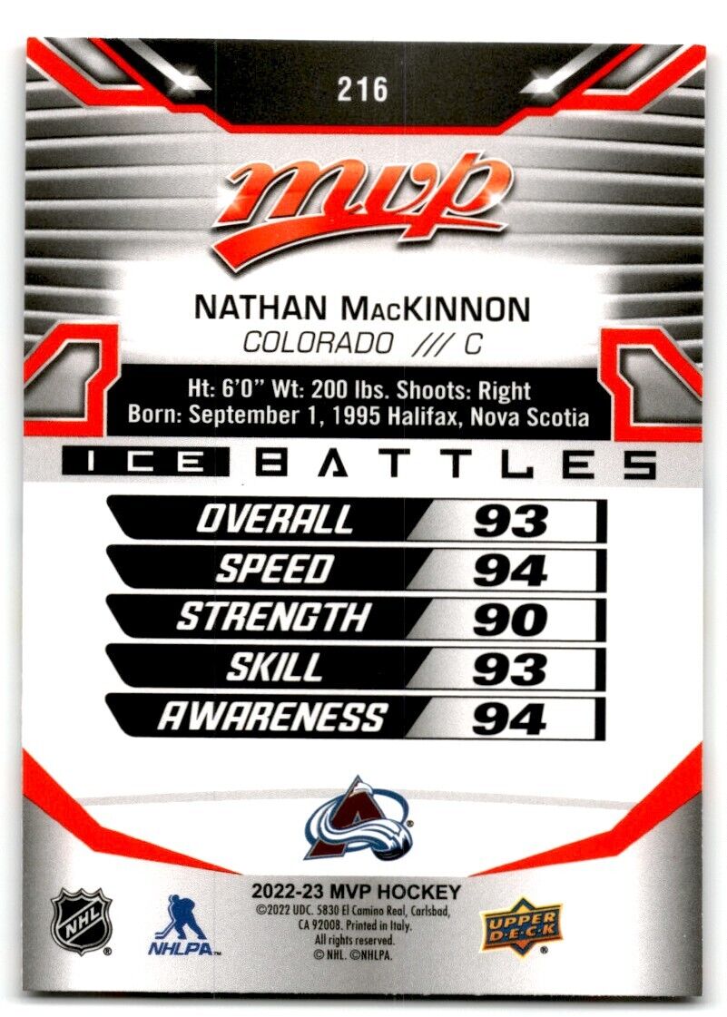 2022-23 Upper Deck MVP Ice Battles Nathan MacKinnon Colorado Avalanche #216