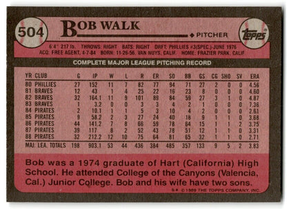 1989 Topps Bob Walk Pittsburgh Pirates #504