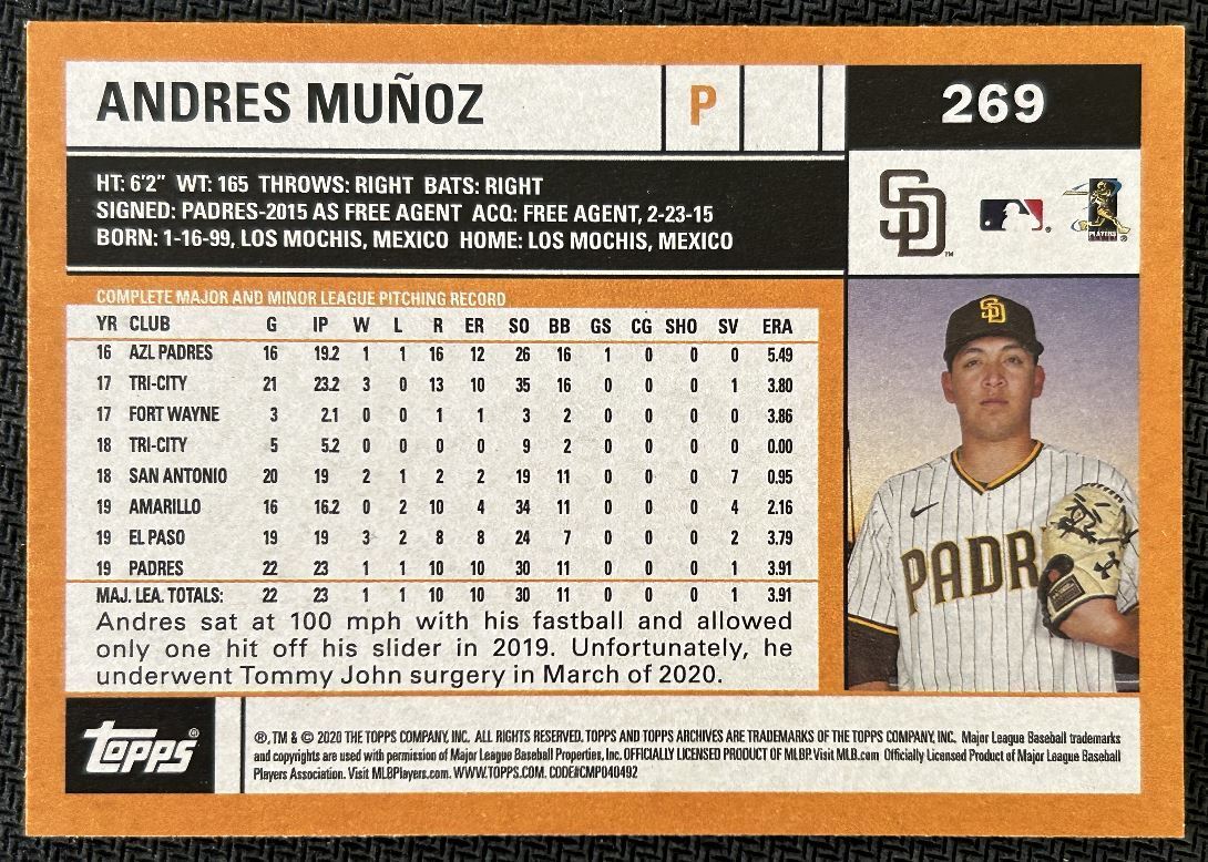 2020 Topps Archives Andres Muñoz Rookie San Diego Padres #269