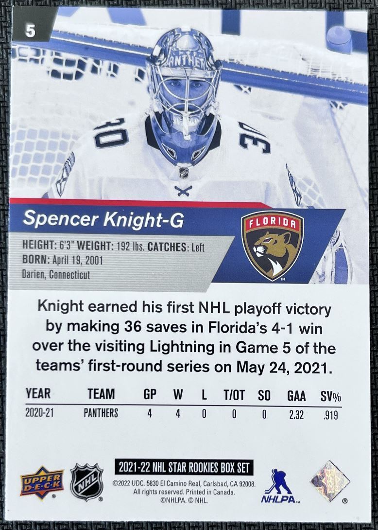 2021-22 Upper Deck NHL Star Rookie Spencer Knight Rookie Florida Panthers #5