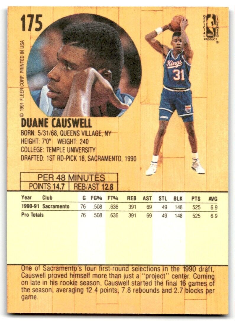 1991-92 Fleer Duane Causwell Rookie Sacramento Kings #175